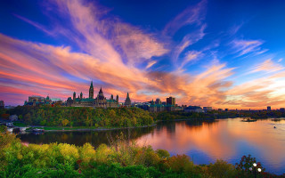 Sunset city lake bridge clouds - a colorful sky free wallpaper