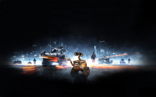 Robot street night city lights - the middle of a street free wallpaper