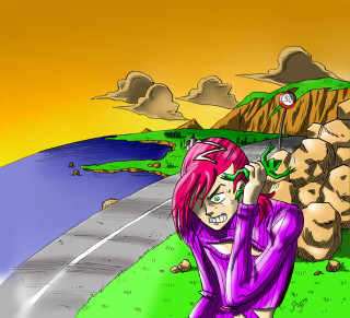 Pink haired giantess woman road - a road free wallpaper
