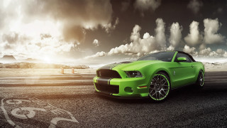Green mustang cloudy sky sunset 2 - a road free wallpaper