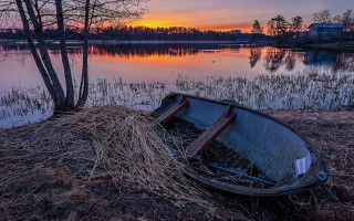 Boat lake sunset grass building - a dry grass field next free wallpaper