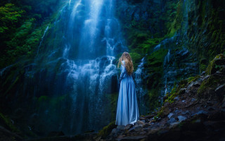 Woman blue dress waterfall night - waterfall free wallpaper