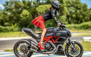 Woman red dress motorcycle outdoors - a red dress free wallpaper