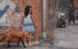 Girl fox brick wall city - a hyperrealistic painting free wallpaper