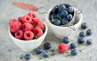 Bowl raspberries blueberries knife spoon - evaline ness free wallpaper for desktop