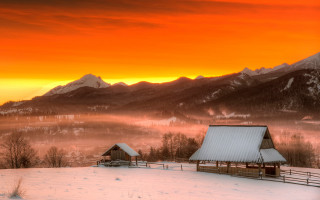 Snowy landscape barn mountains sunset - ferenc joachim free wallpaper