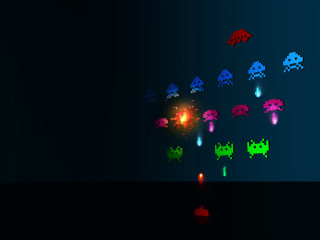 Pixel art colorful shapes dark - a red light in the middle free wallpaper