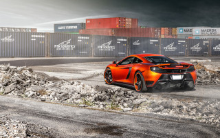 Orange sports car shipping container - hard surface free wallpaper
