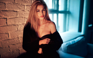 Romantic woman black dress brick - leaning free wallpaper