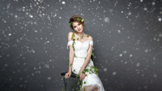 Woman white dress umbrella snow 2 - a green plant free wallpaper