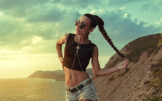 Woman braid cliff ocean sunset - alena aenami free wallpaper