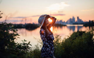 Woman lake sunset hat city - evaline ness free wallpaper for desktop