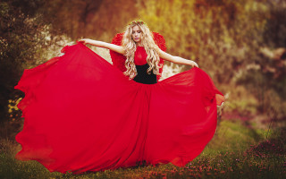 Woman red dress forest autumn - a red dress free wallpaper for desktop