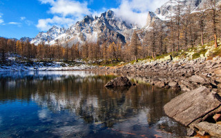 Mountain reflection lake trees sky 8 - didier mouron free wallpaper
