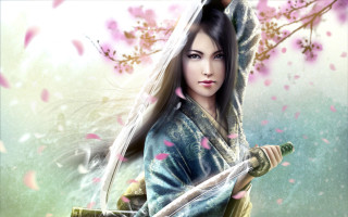 Woman kimono sword flower cherry - pink petal free wallpaper