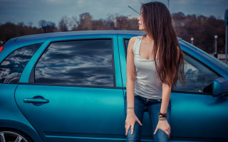 Woman bluecar jeans longhair bracelet - a blue car free wallpaper