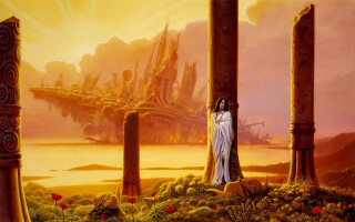 Woman flower field ship man - a painting of a woman free wallpaper