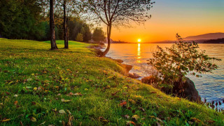 Sunset lake trees grass hill - a sunset over a lake free wallpaper