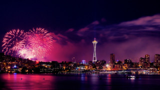 City skyline fireworks bridge lake - a city skyline free wallpaper