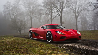 Red sports car foggy forest - matte finish free wallpaper