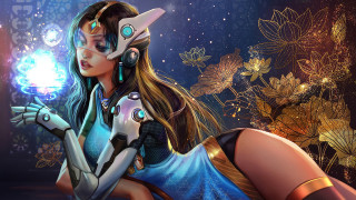 Cyberwoman blue dress fireworks aurora - art nouveau free wallpaper
