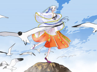 Woman dress flying seagulls birds - the sky above her free wallpaper