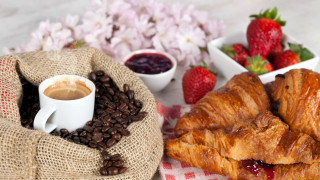 Coffee croissant strawberries food photorealism - delaunay free wallpaper