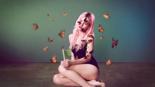 Pink hair woman butterflies autumn - butterfly free wallpaper