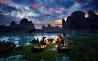 Birds bench lake sunset mountains - a group of birds free wallpaper