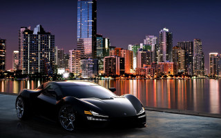 Black sports car tokyo cityscape - art deco free wallpaper