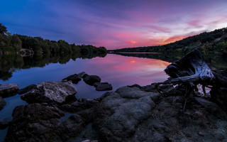 Lake rocks tree stump sunset - impressionist free wallpaper