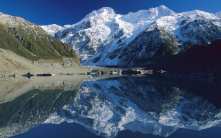Mountain range lake reflection beach - a mountain range free wallpaper for desktop
