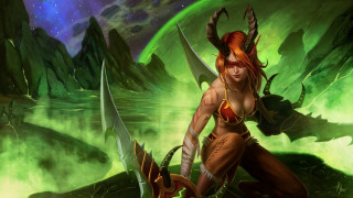 Woman horns sword green background - a sky full free wallpaper