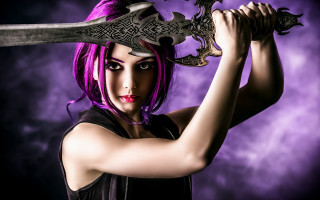 Purple haired sword wielding woman - epic fantasy character art free wallpaper