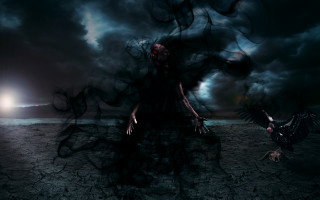 Creepy woman bird dark landscape - full free wallpaper
