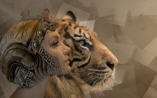 Woman kissing tiger masked geometric - a tiger free wallpaper