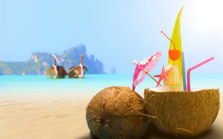 Coconut straw umbrella beach boat - unreal free wallpaper