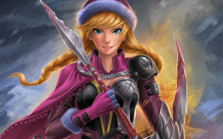 Purple armor sword braid fantasy - a sky background behind her free wallpaper
