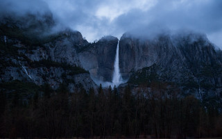 Waterfall trees cloudy sky distant - ansel adams free wallpaper