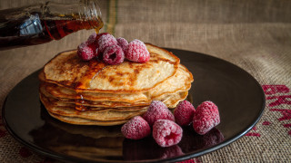 Pancakes raspberries syrup plate food - top of them free wallpaper