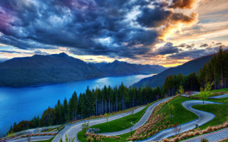 Scenic winding road lake sunset - road free wallpaper