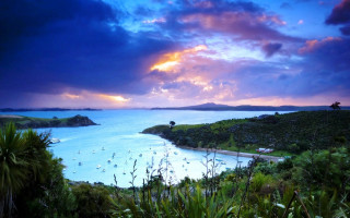 Sunset bay boats cloudy sky - a matte painting free wallpaper