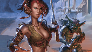Woman bikini sword demon desert - a castle in the background free wallpaper