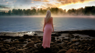Woman pink dress rocky shore - the water and trees free wallpaper