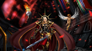 Woman red dress sword demon 4 - her hand and a demon in the background free wallpaper