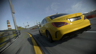 Yellow car lighthouse road blue - a road next free wallpaper