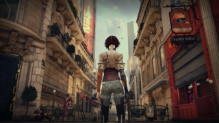 Woman cityscape clocktower cyberpunk architecture - a street next free wallpaper