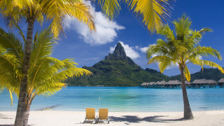 Beach palm trees mountains sky - two chair free wallpaper