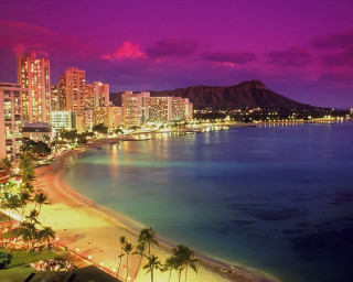 City skyline beach mountains nighttime - beautiful scenery free wallpaper for desktop