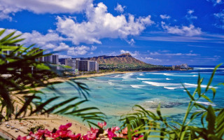 Beach water buildings background clouds - a matte painting free wallpaper